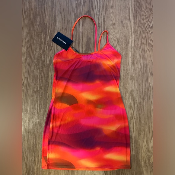 NWT Pink Abstract Print Slinky Asymmetric Strap Detail Bodycon Dress - Picture 4 of 7